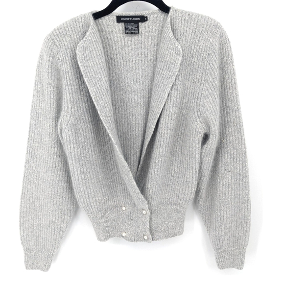 I.B. Diffusion Sweater Womens S Gray Silk Angora Lambswool Pearl Button Cardigan - Picture 1 of 9